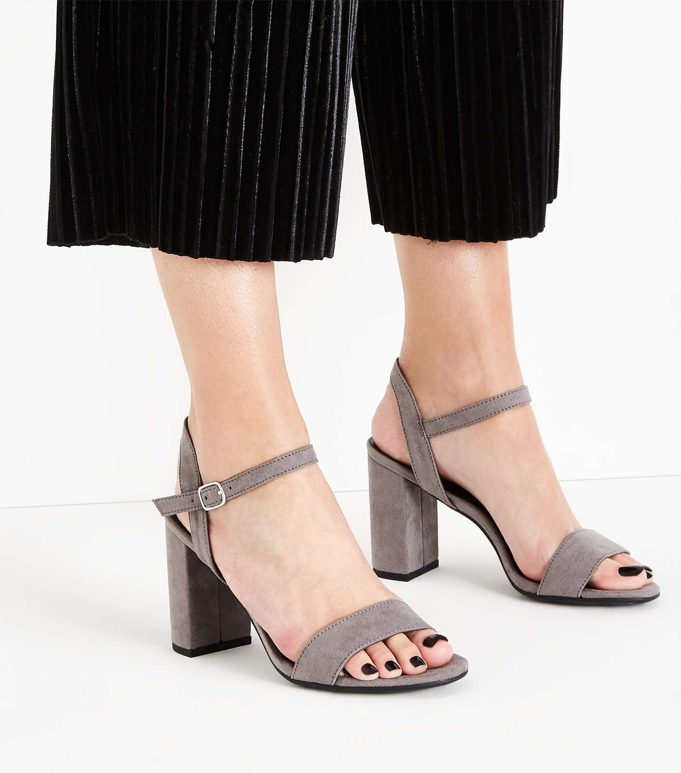 Dark Grey Suedette Block Heel Sandals Image 2