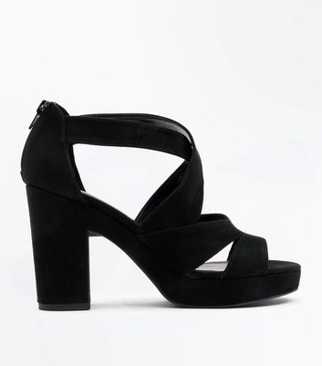black strappy heels block