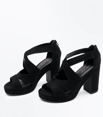 Black suedette strappy 2025 platform block heels