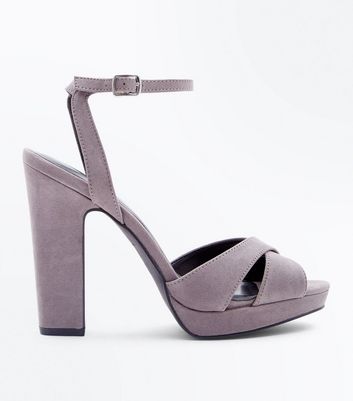 Grey Suedette Cross Strap Platform Block Heels New Look