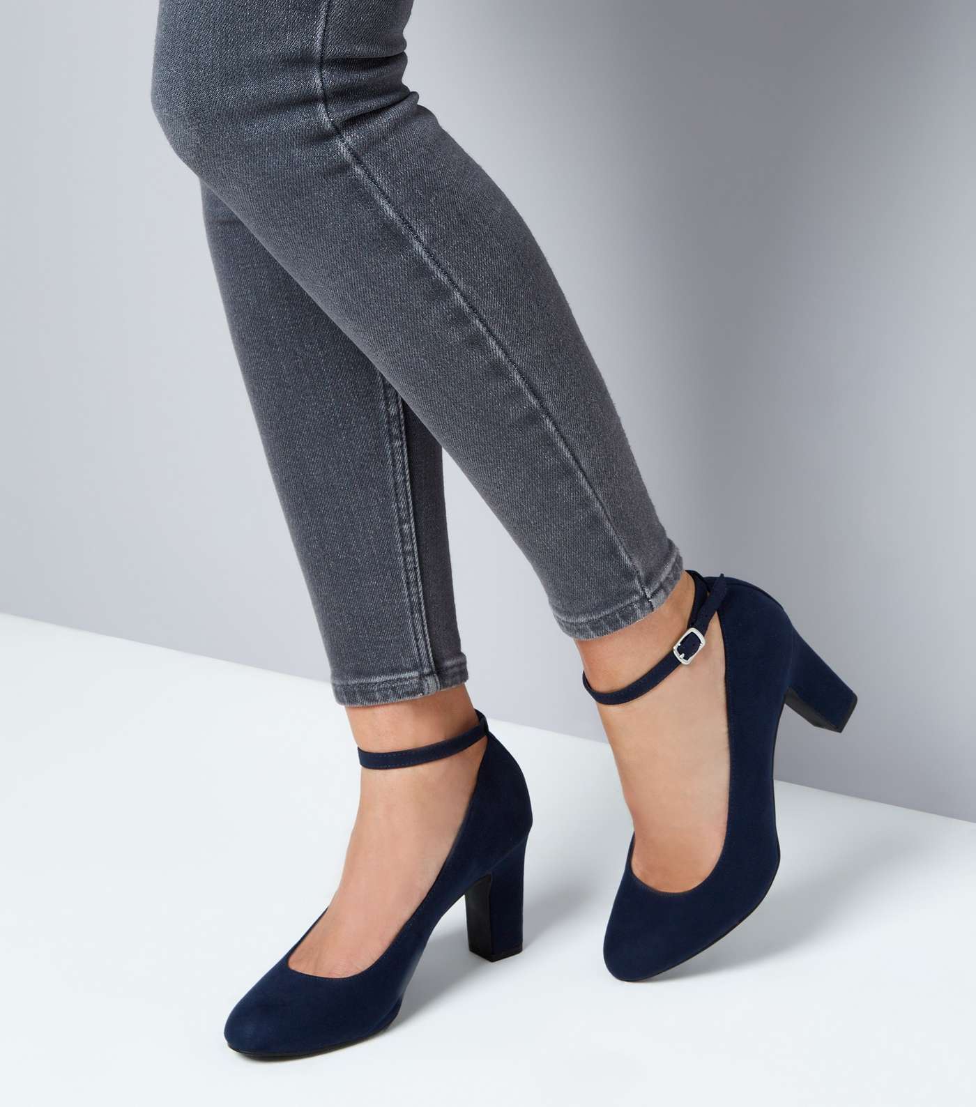 Navy Suedette Ankle Strap Court Shoes Image 2