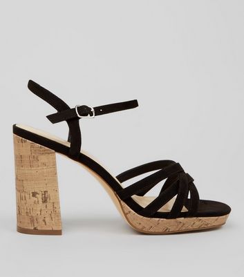 Wide Fit Black Suedette Cork Strappy Sandals New Look