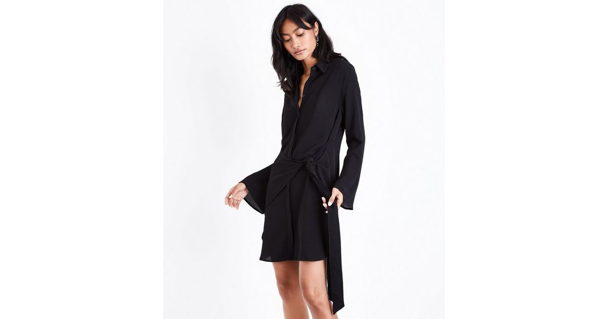 Black Tie Front Chiffon Shirt Dress New Look