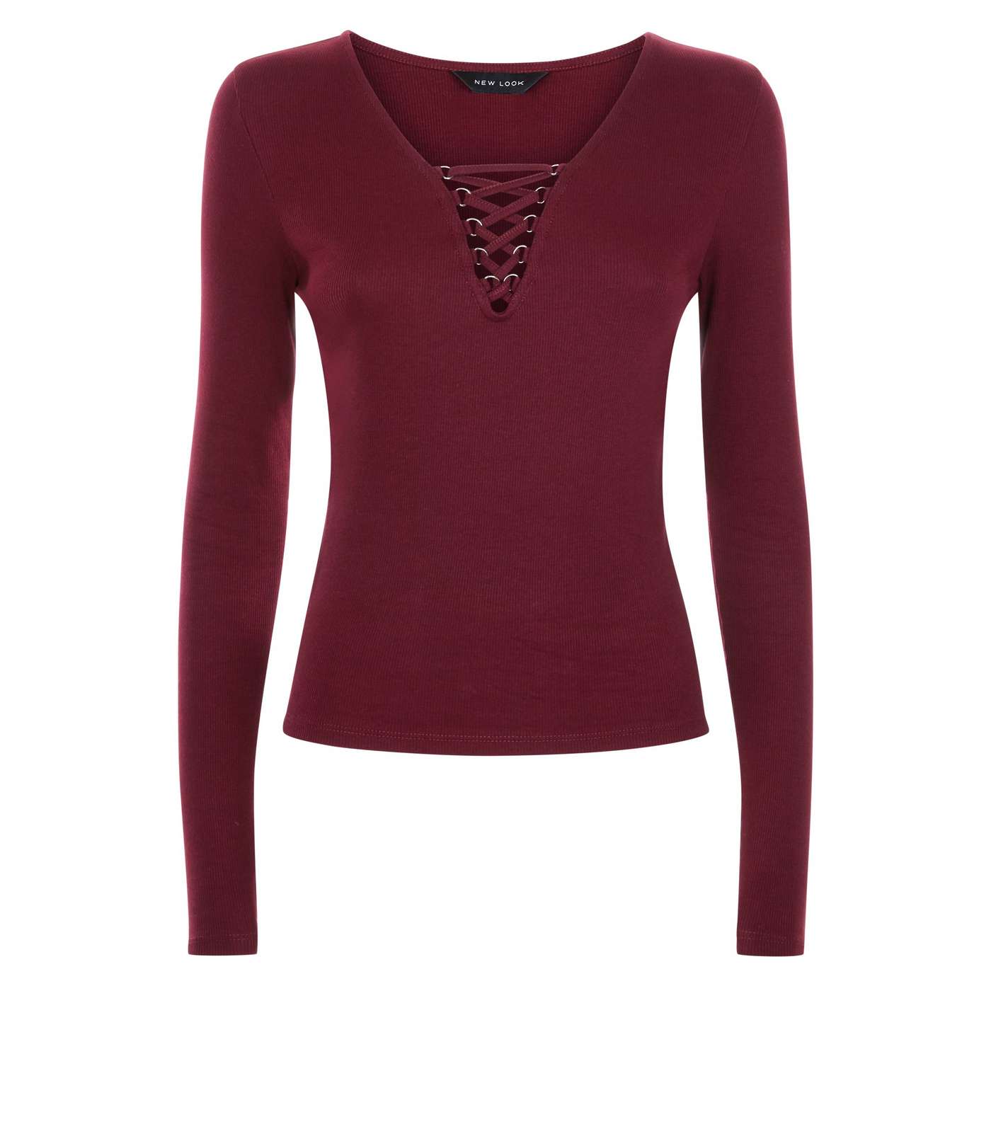 Burgundy Lace-Up Neck Long Sleeve Top Image 4