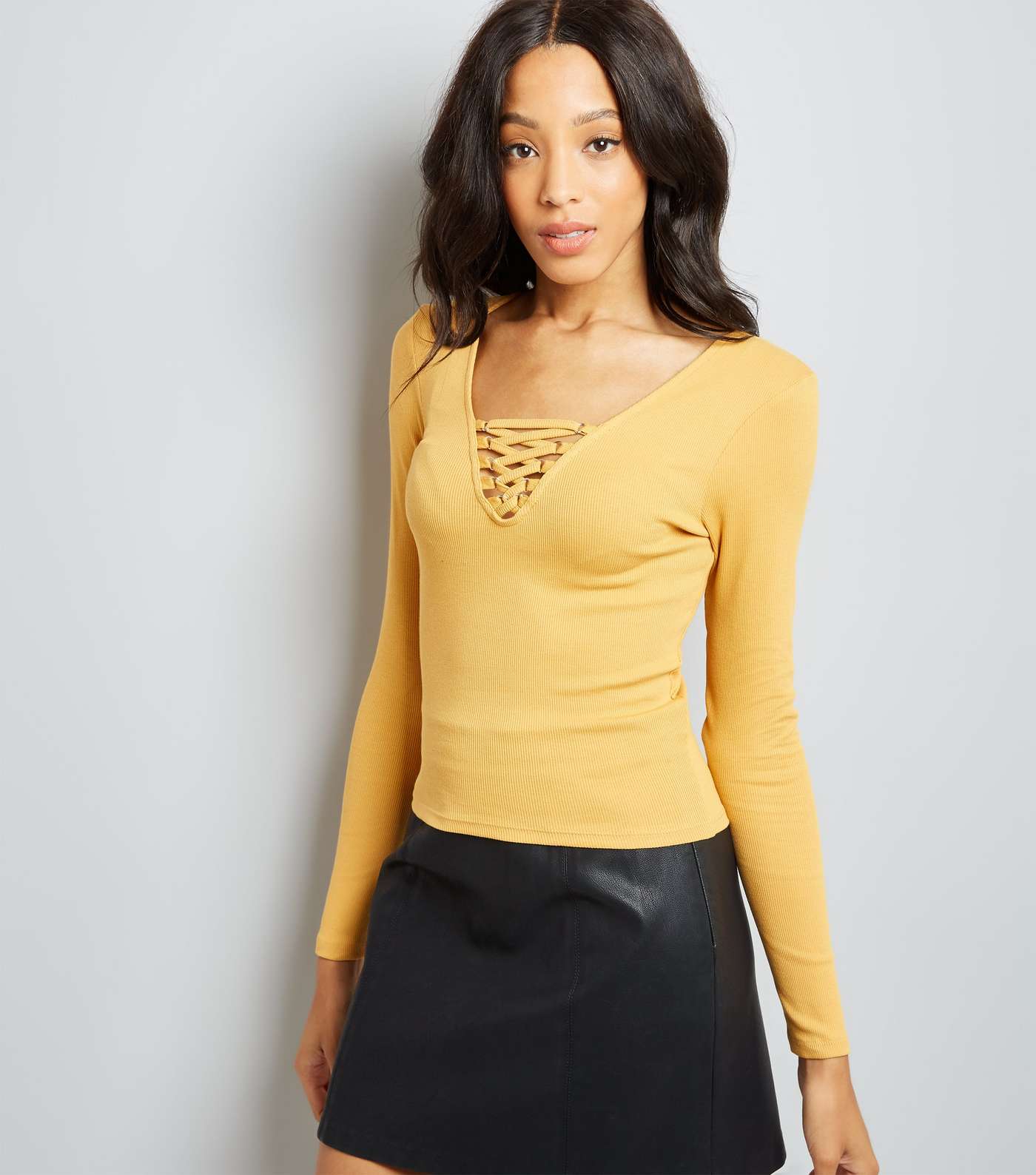 Mustard Yellow Lace-Up Neck Long Sleeve Top