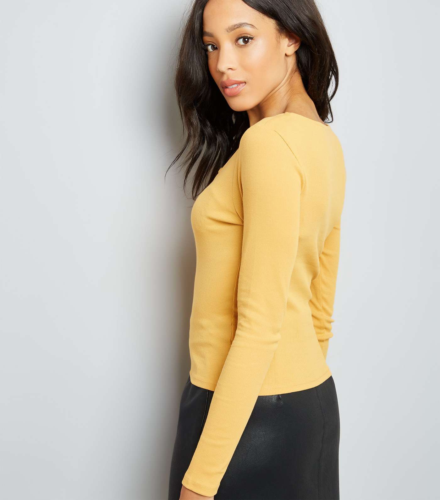 Mustard Yellow Lace-Up Neck Long Sleeve Top Image 3