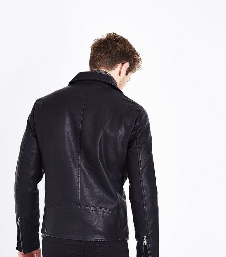 Black Leather Look Asymmetric Biker Jacket New The Look