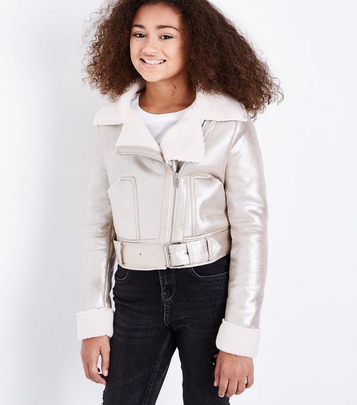Teens Silver Metallic Faux Shearling Biker Jacket Add To Saved Items Remove From