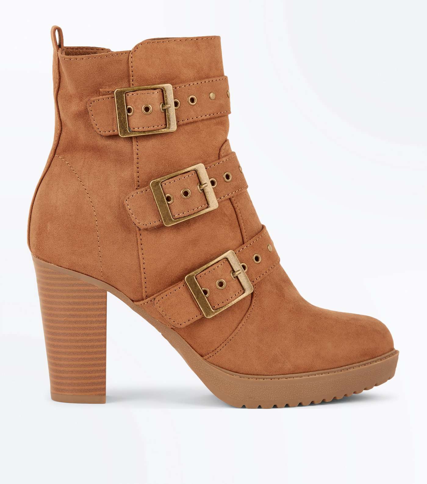 Tan Suedette Stud Buckle Heeled Ankle Boots