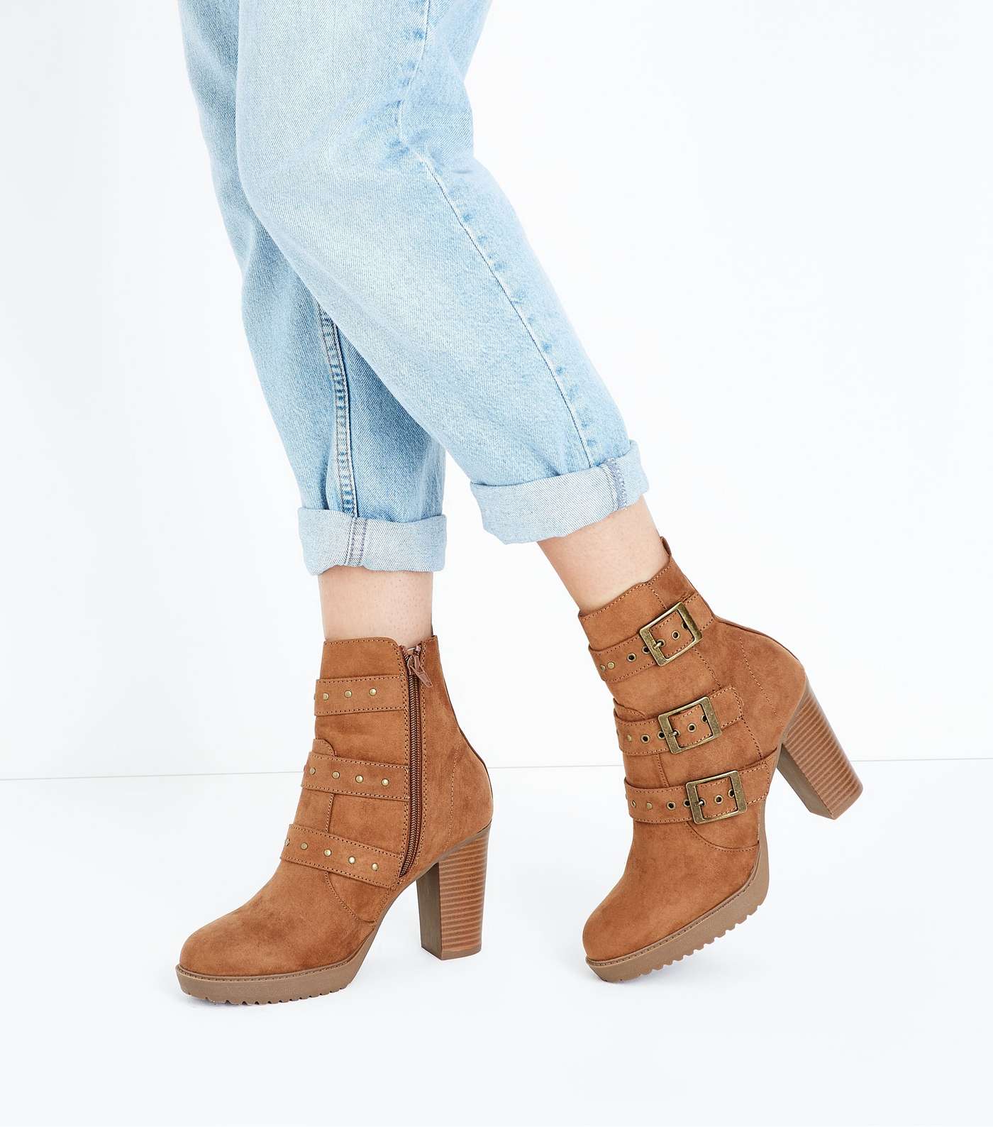 Tan Suedette Stud Buckle Heeled Ankle Boots Image 3