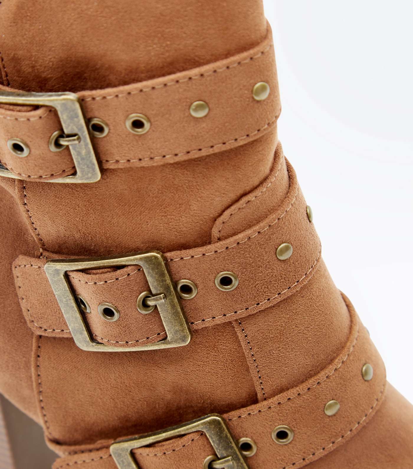 Tan Suedette Stud Buckle Heeled Ankle Boots Image 5