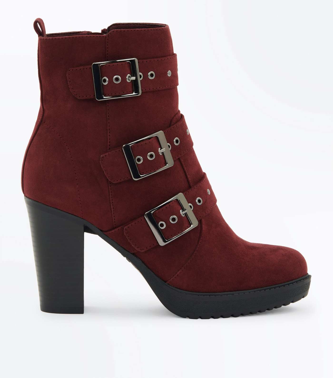 Burgundy Suedette Stud Buckle Heeled Ankle Boots