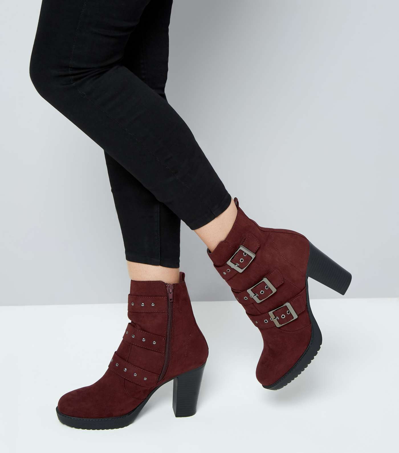 Burgundy Suedette Stud Buckle Heeled Ankle Boots Image 3
