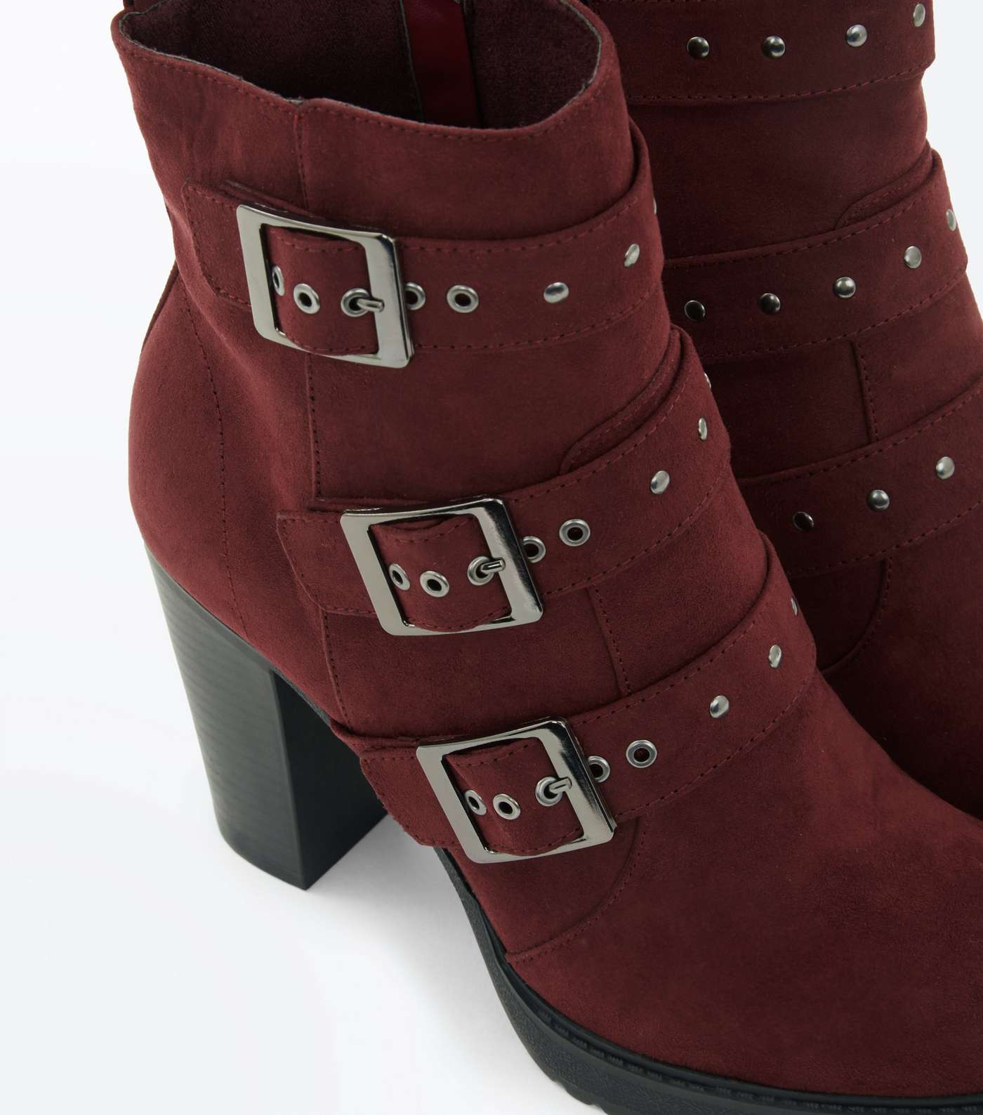 Burgundy Suedette Stud Buckle Heeled Ankle Boots Image 5