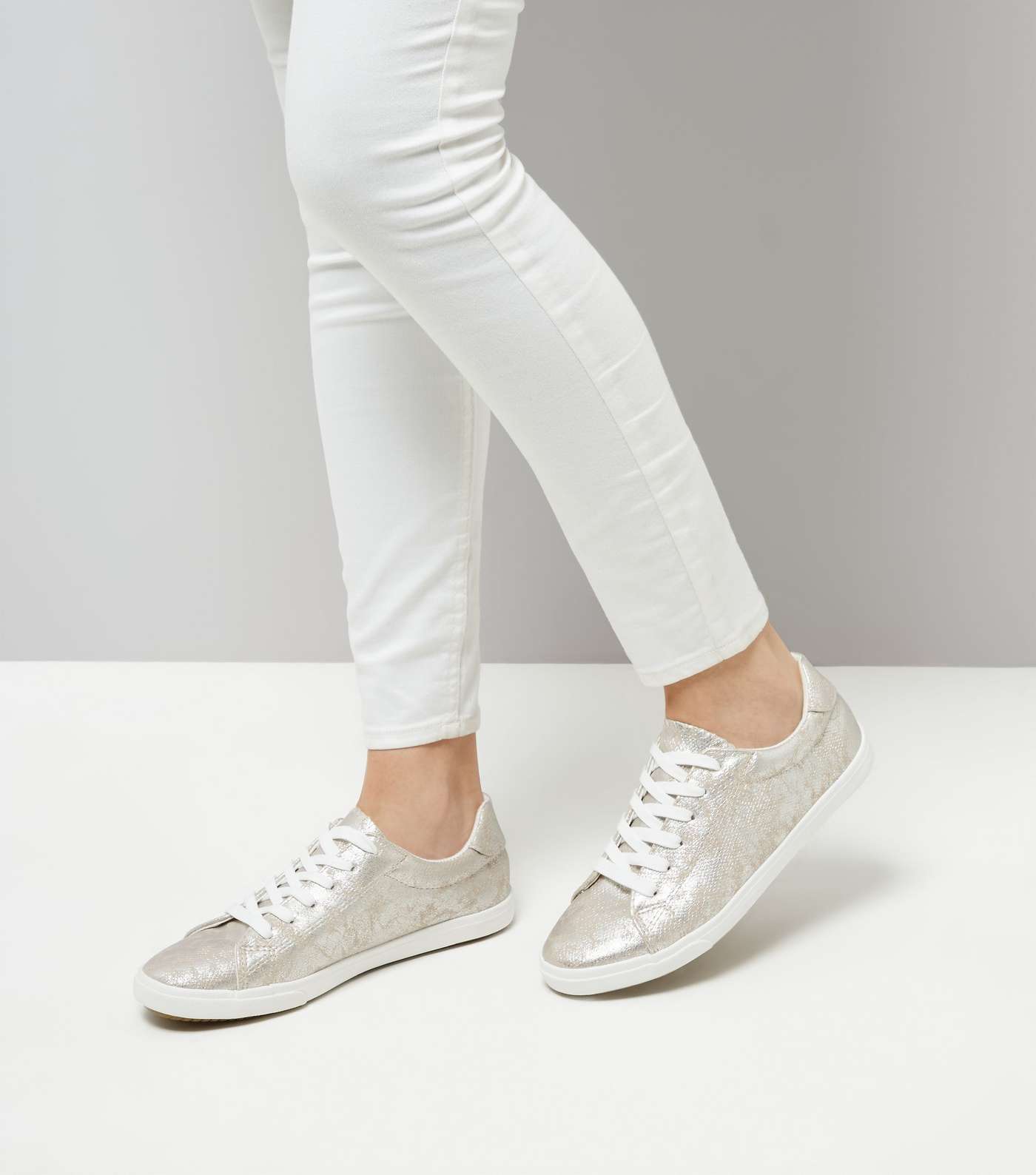 Silver Textured Lace Up Trainers Image 3