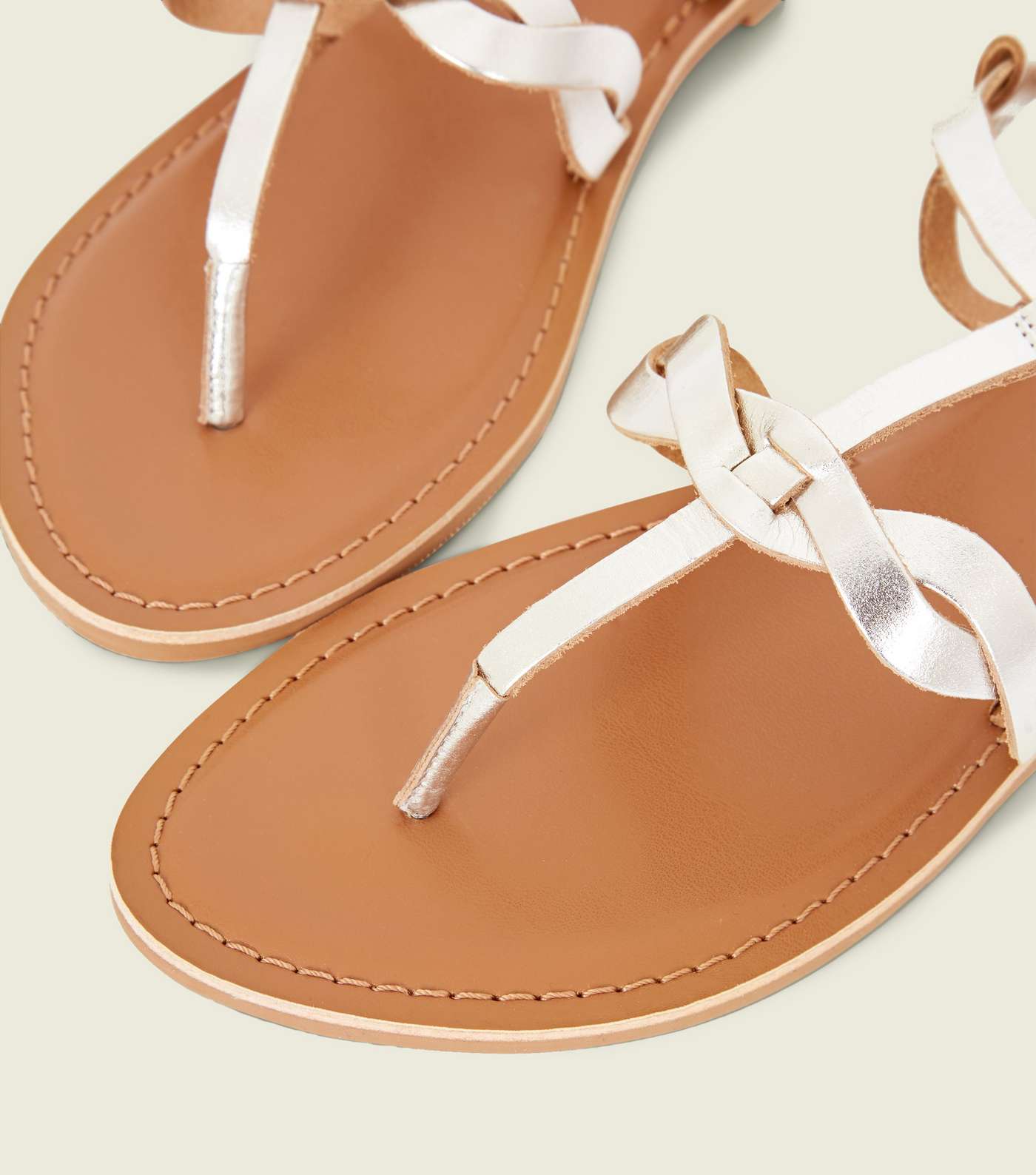 Silver Leather Plait Strap Flat Sandals Image 4