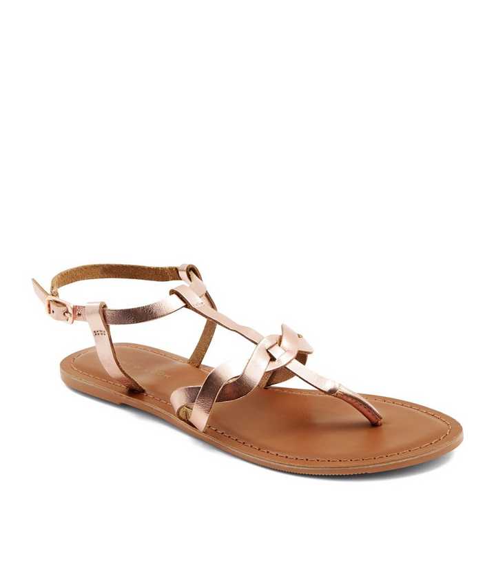 Rose Gold Leather Plait Strap Flat Sandals