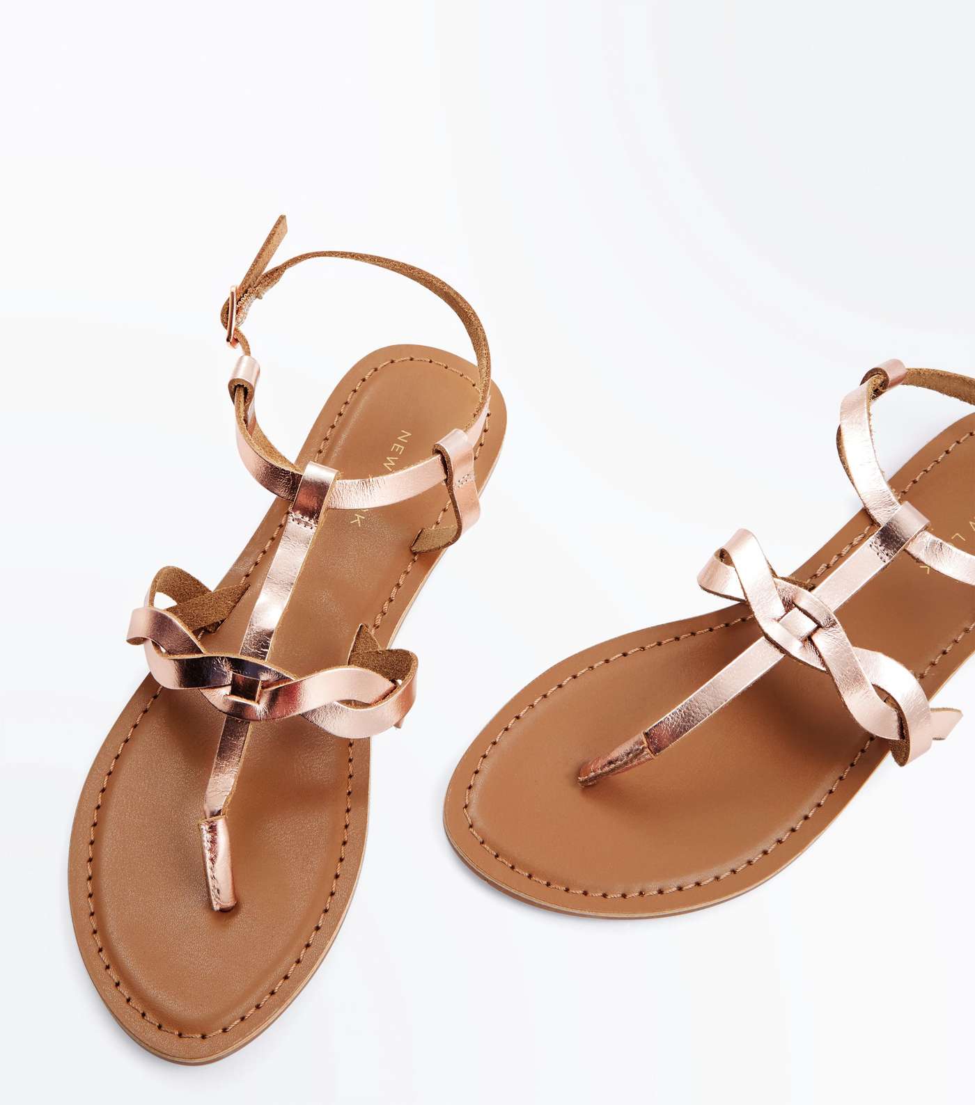 Rose Gold Leather Plait Strap Flat Sandals Image 4