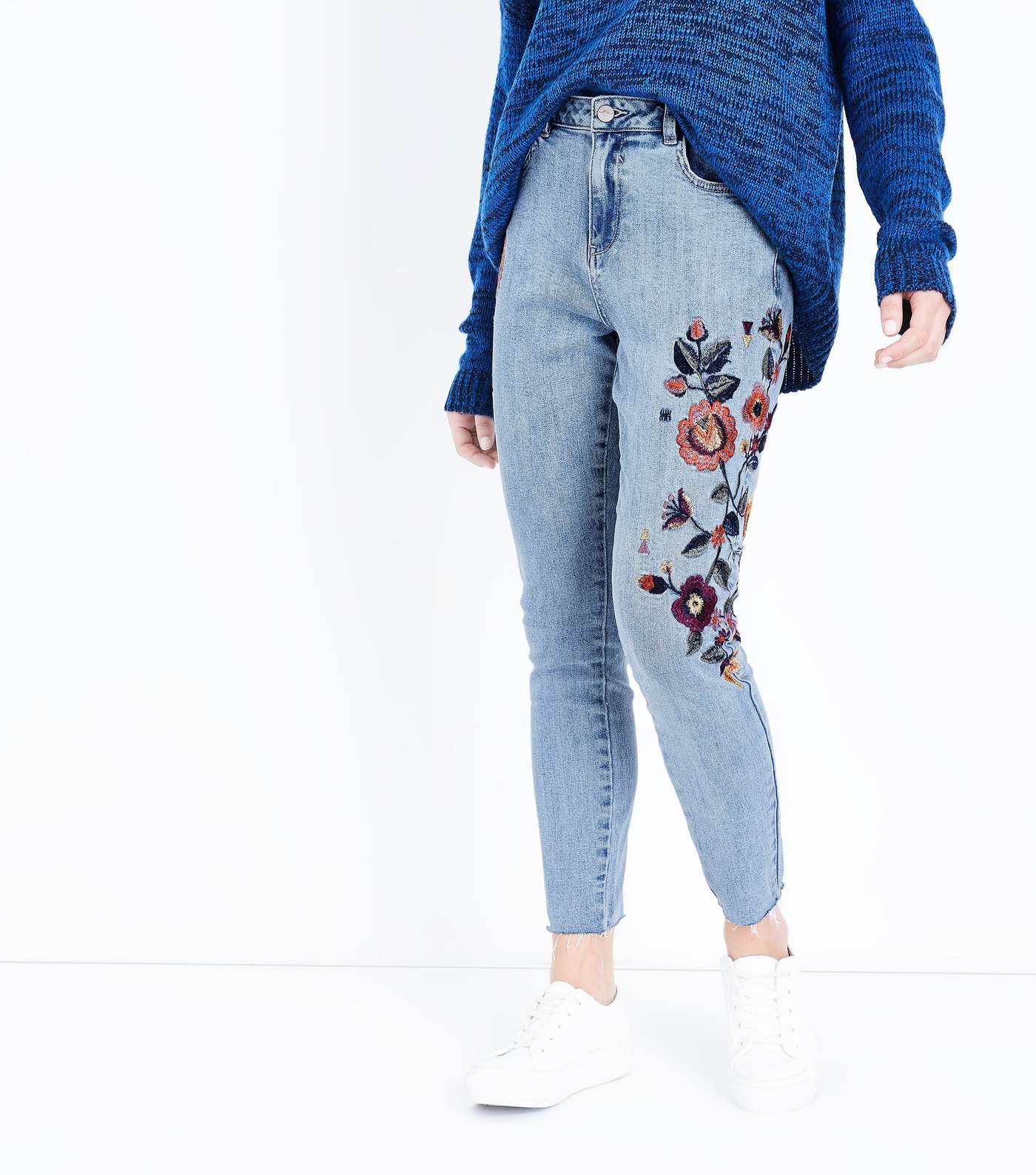 Blue Floral Embroidered Skinny Jeans Image 2