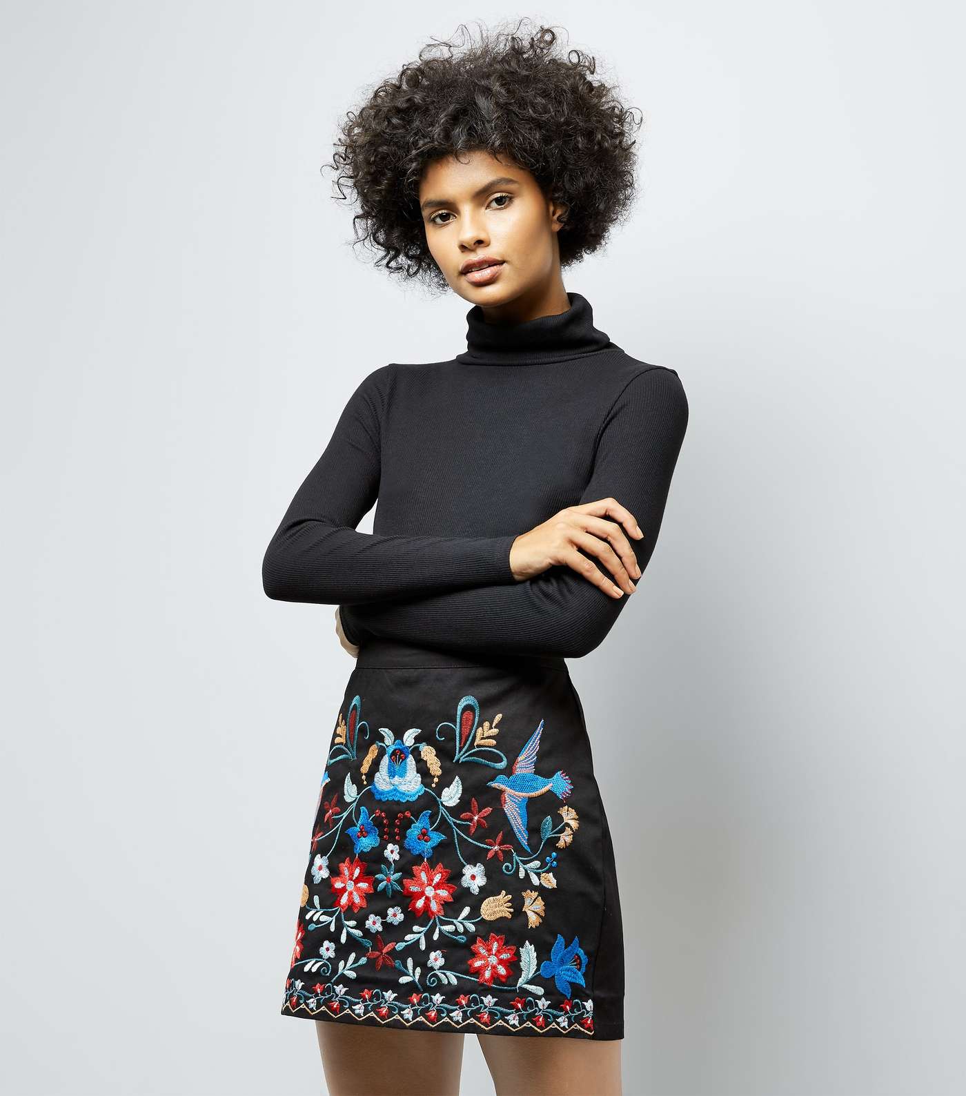 Blue Vanilla Black Floral Embroidered Mini Skirt