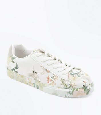 White Floral Print Lace Up Trainers 