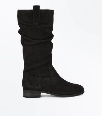 Black Leather Knee High Slouch Boots 
