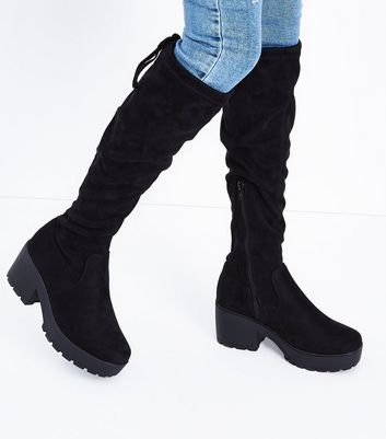 girls black knee high chunky block heel boots