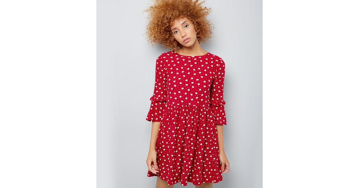 Red Floral Print Frill Sleeve Smock Dress New Look