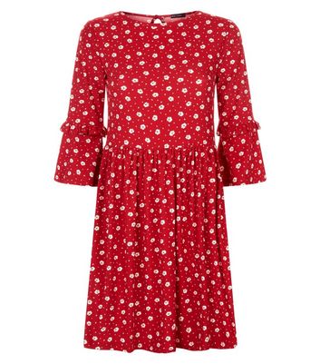 Red Floral Print Frill Sleeve Smock 