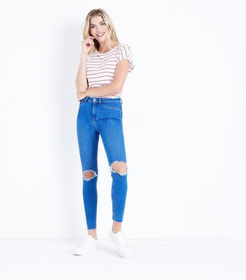 Bright Blue Ripped High Waist Super Skinny Hallie Jeans | New Look