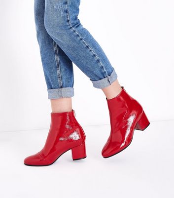 Wide Fit Red Patent Block Heel Ankle Boots | New Look