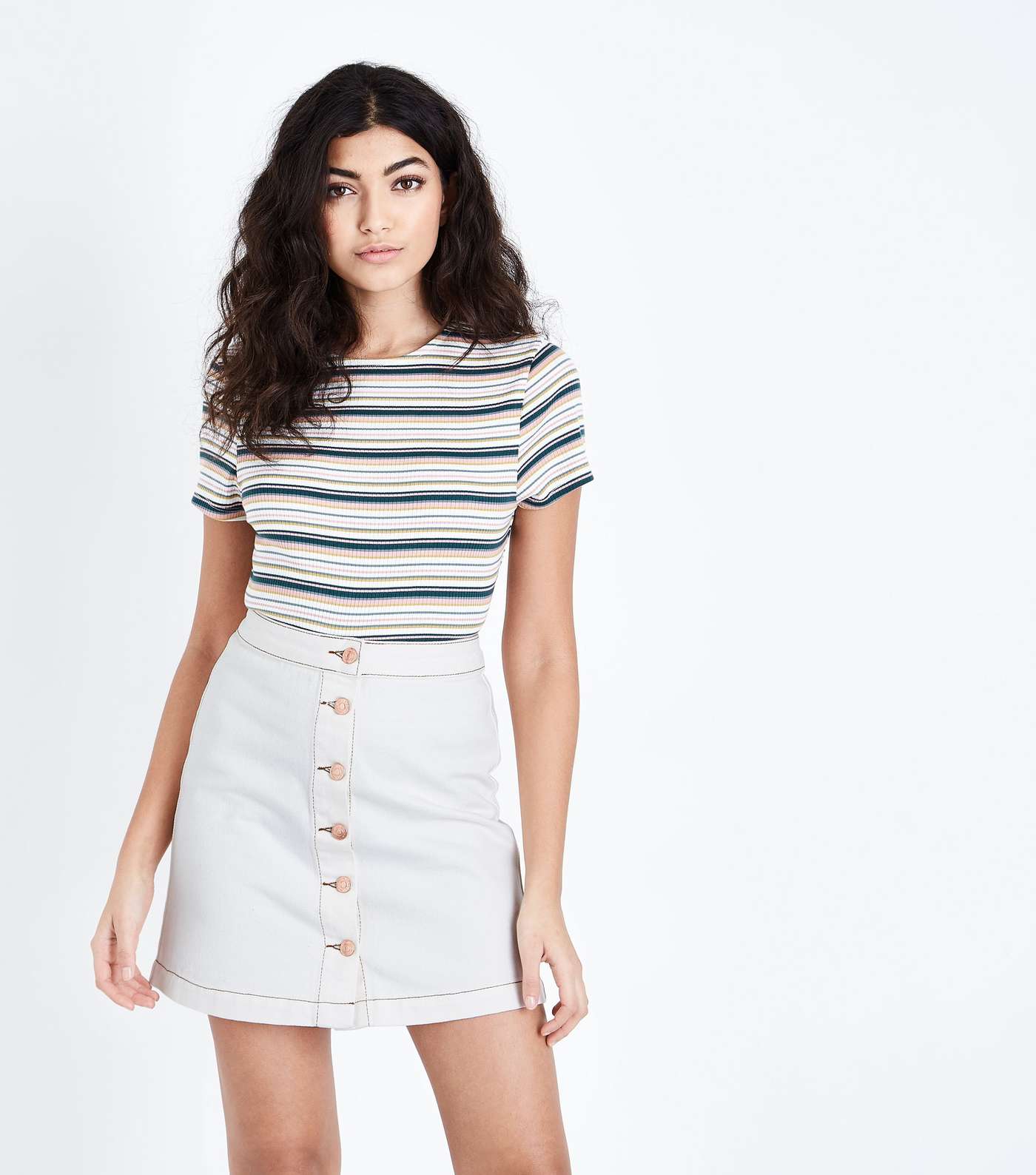 Off White Denim Button Front A-Line Skirt