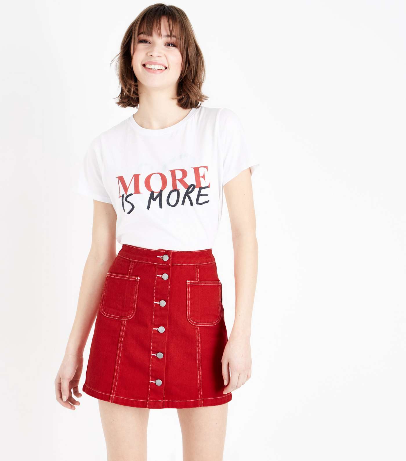 Red Denim Button Front A-Line Skirt