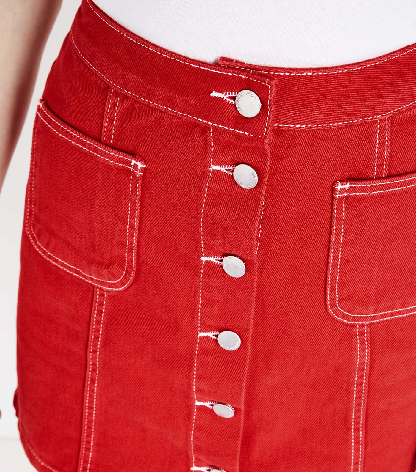 Red Denim Button Front A-Line Skirt Image 5