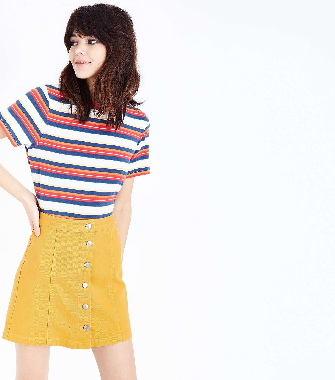 Mustard Denim Button Front A-Line Skirt