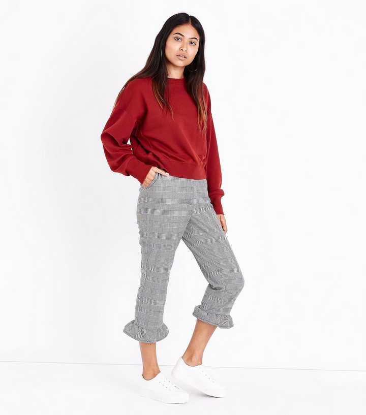 Petite Black Check Frill Hem Trousers