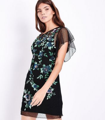 Black Premium Floral Sequin Embellished Dress New Look