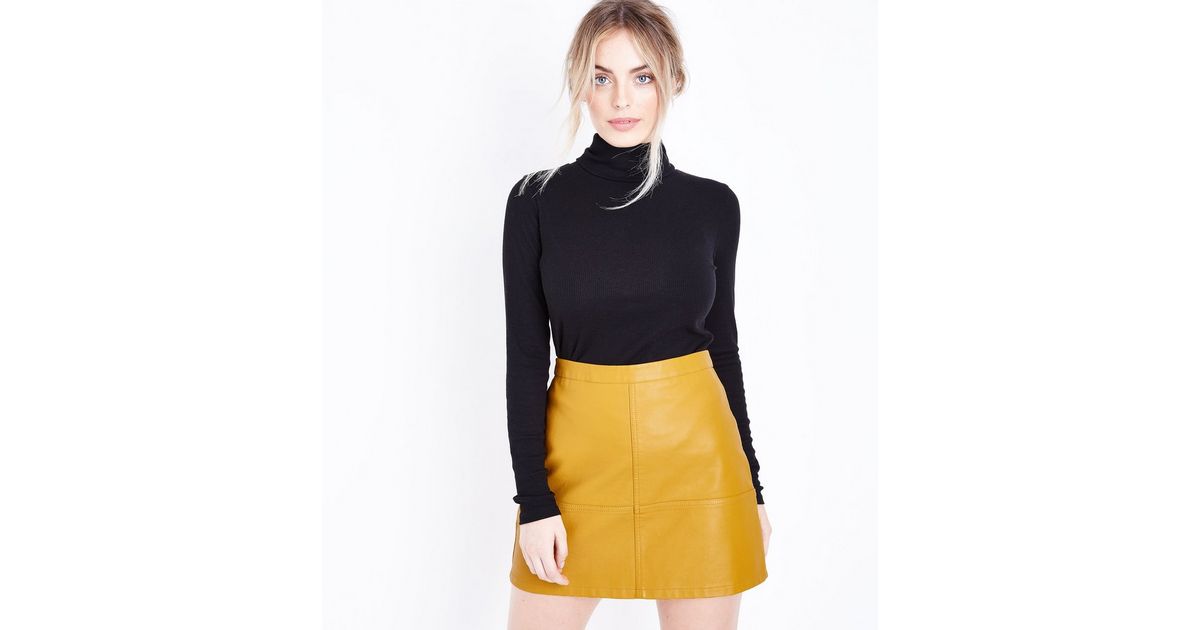 Petite Yellow LeatherLook Mini Skirt New Look