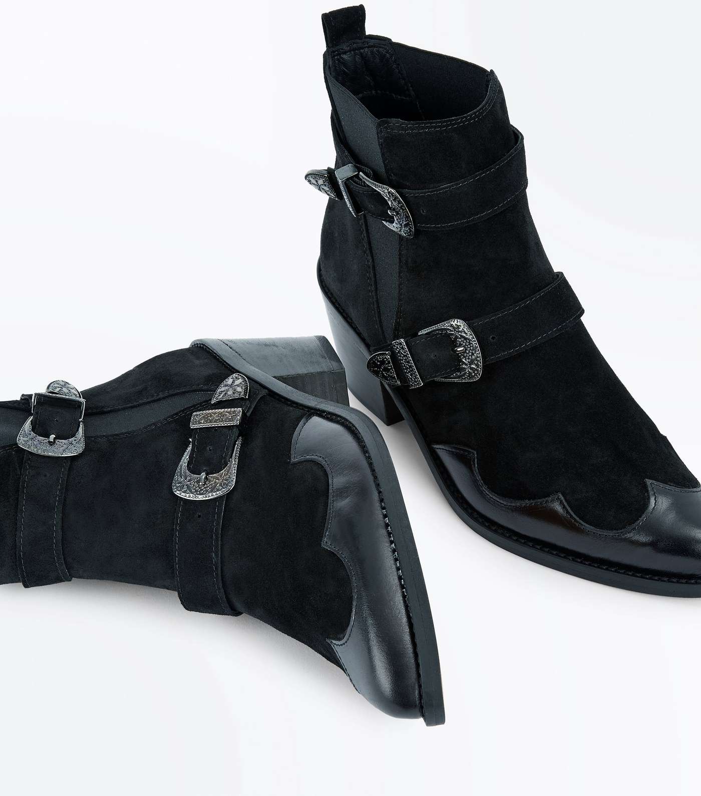 Black Premium Suede Double Buckle Western Boots Image 5