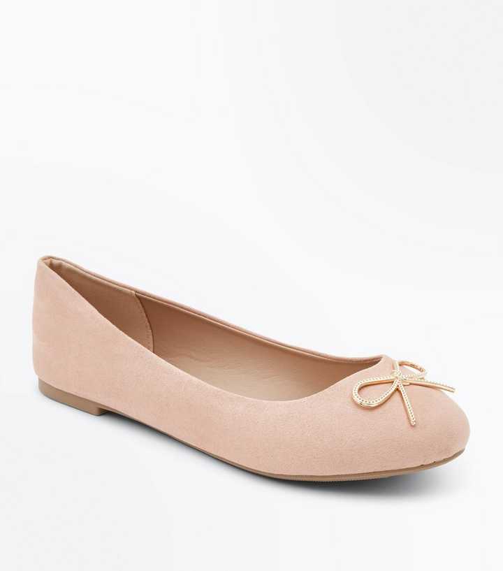 Wide Fit Nude Suedette Metal Bow Ballet Pumps | New Look