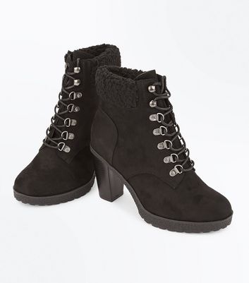 wide fit black borg lined lace up boots