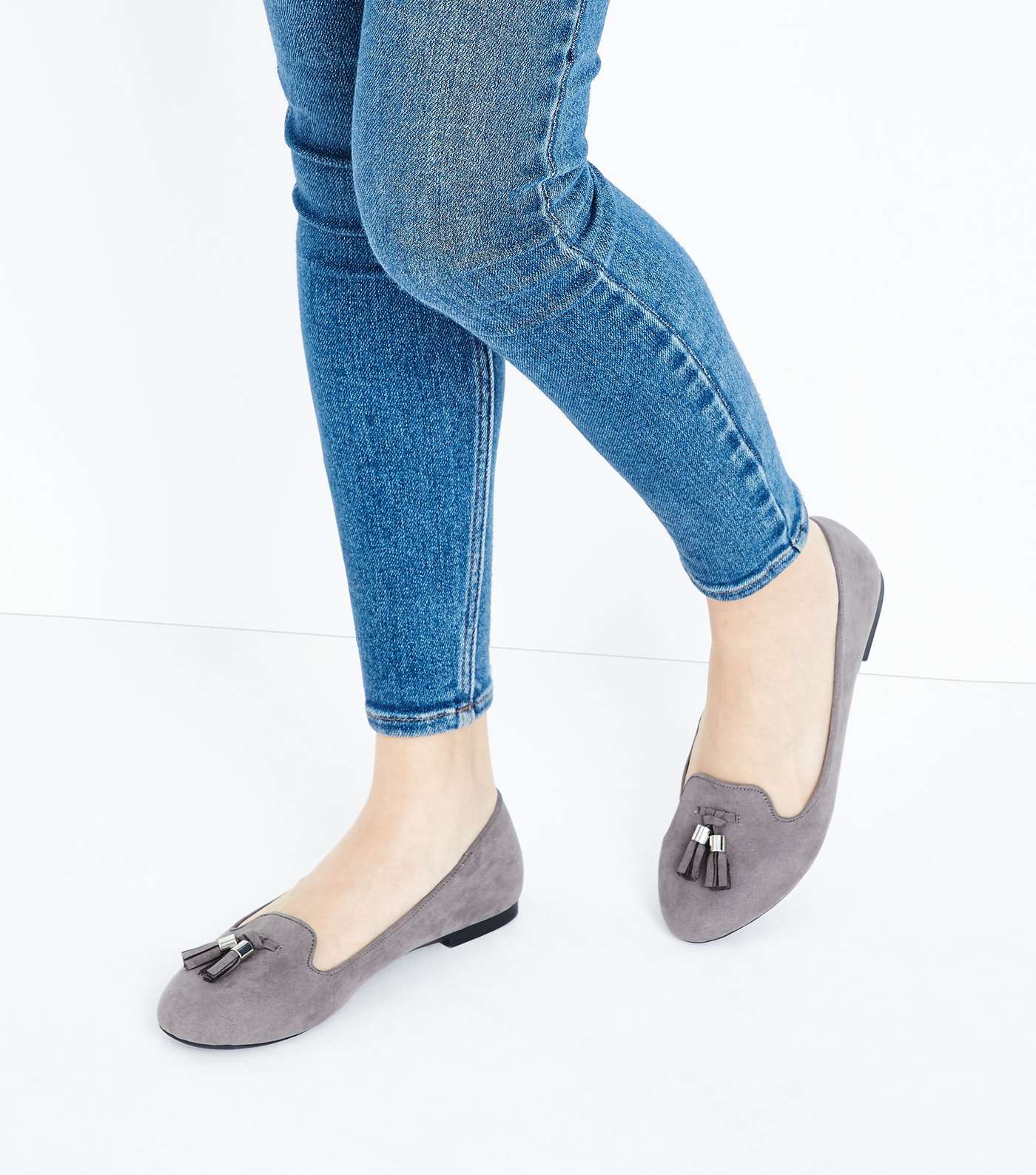 Grey Suedette Tassel Front Loafers Image 3