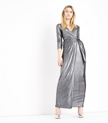 silver metallic wrap dress