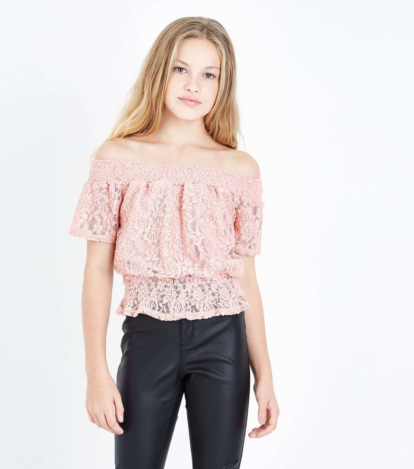 Teens Pink Lace Shirred Waist Bardot Top 