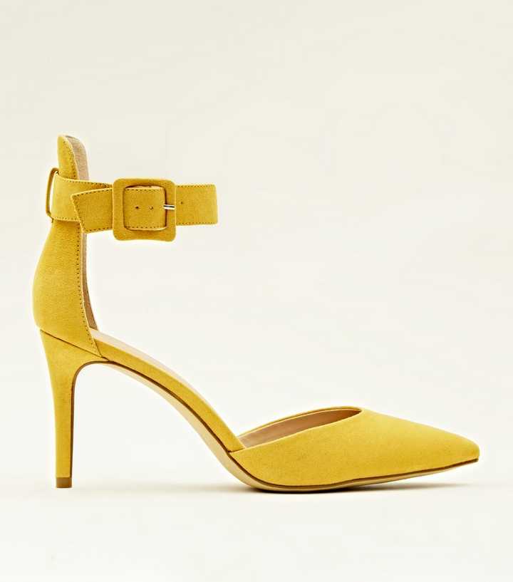 Mustard Suedette Wide Ankle Strap Pointed Courts