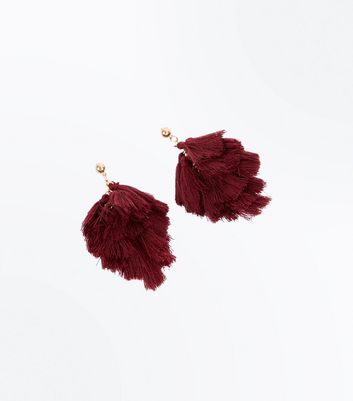 Burgundy Tassel Stud Earrings | New Look