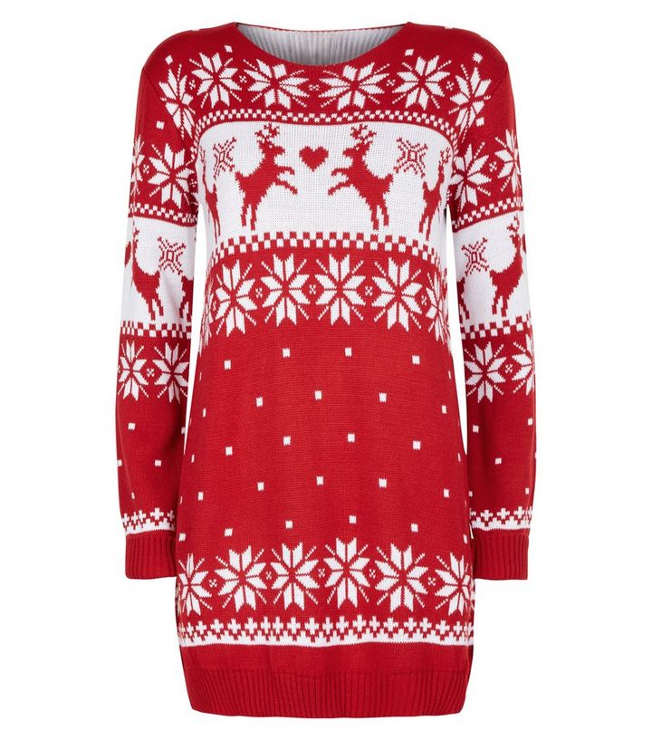 Mela Red Fairisle Knit Christmas Jumper Dress New Look