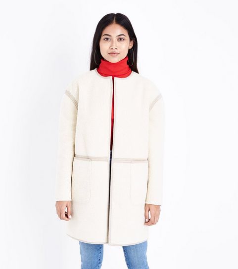 Petite Cream Longline Collarless Teddy Coat