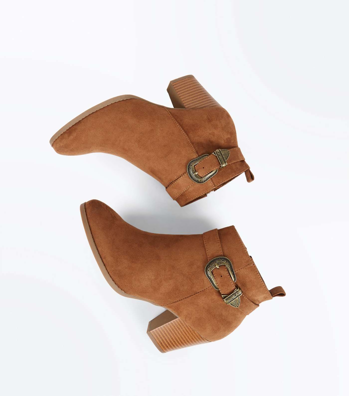 Tan Suedette Western Buckle Strap Heeled Boots Image 4