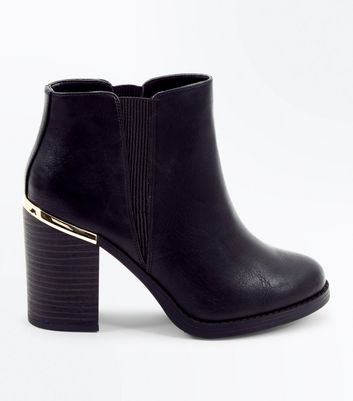 Black Metal Trim Block Heel Ankle Boots 